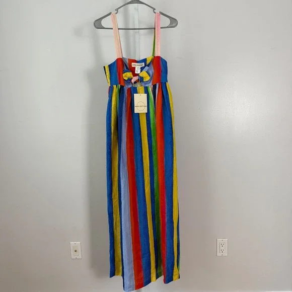 Mara Hoffman Striped Maxi Dress Tie Front Linen Blue Yellow Red Green Size 4 - Picture 1 of 9
